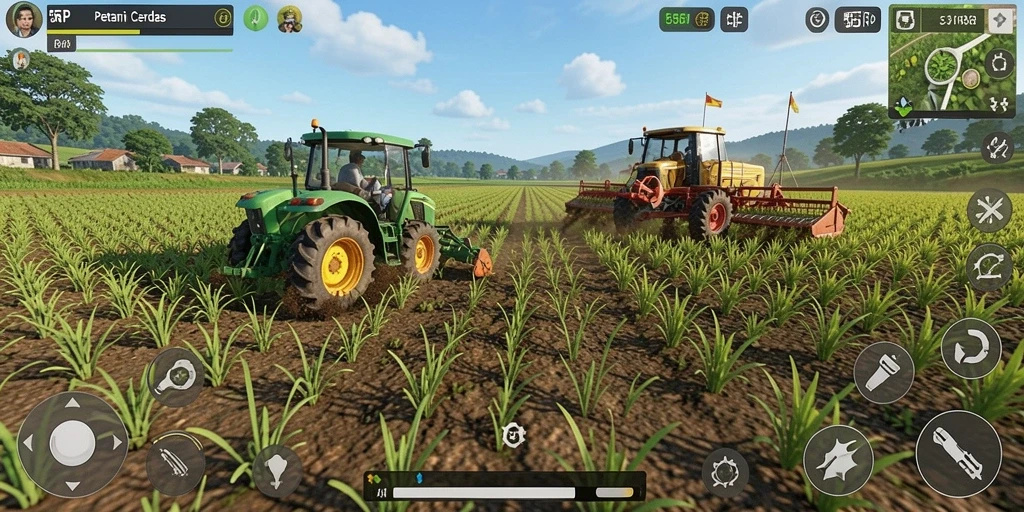 Tampilan gameplay 55RP yang menampilkan lahan pertanian yang indah.