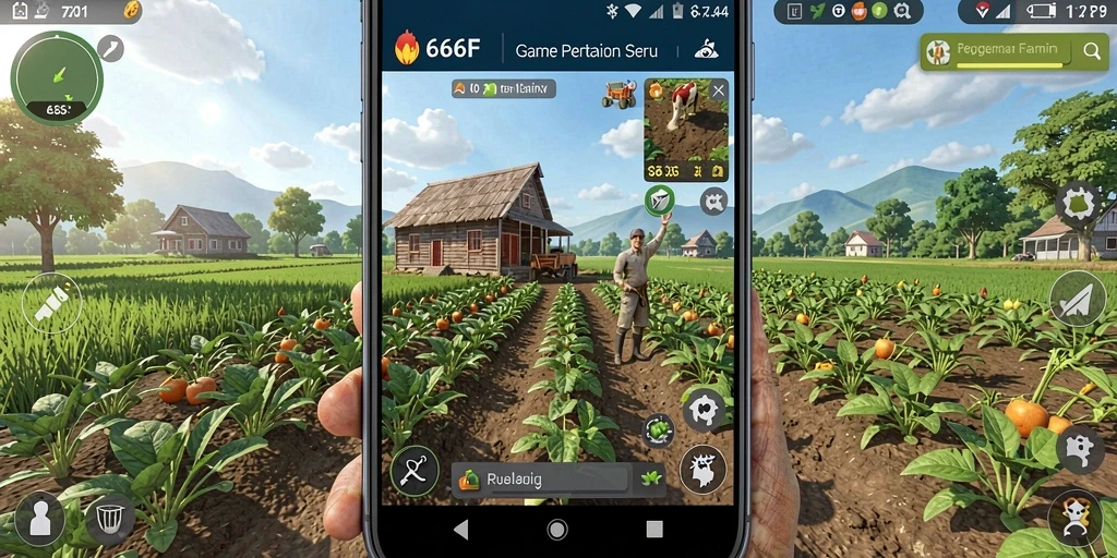 Tampilan gameplay 666F dengan ladang pertanian yang subur dan hewan ternak.