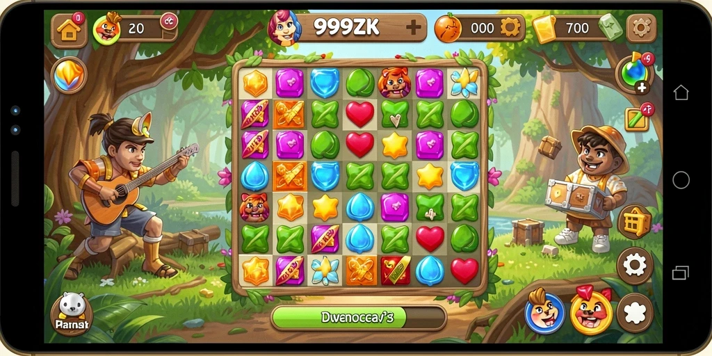 Tangkapan layar permainan 999ZK dengan aksi Match-3 yang seru.