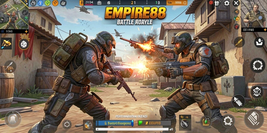Tangkapan layar utama EMPIRE88 menampilkan aksi seru di medan perang Battle Royale.