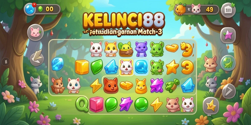 Tampilan gameplay menarik dalam KELINCI88 dengan aksi match-3 yang seru.