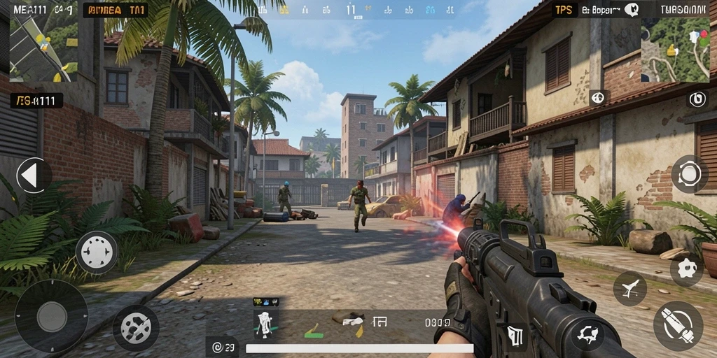 Tampilan utama gameplay MEGA111 menampilkan aksi tembak-menembak yang mendebarkan.