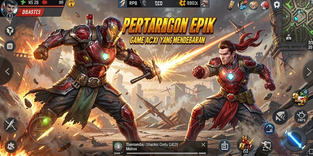 Screenshot utama RP8 menampilkan aksi seru dalam pertarungan karakter.