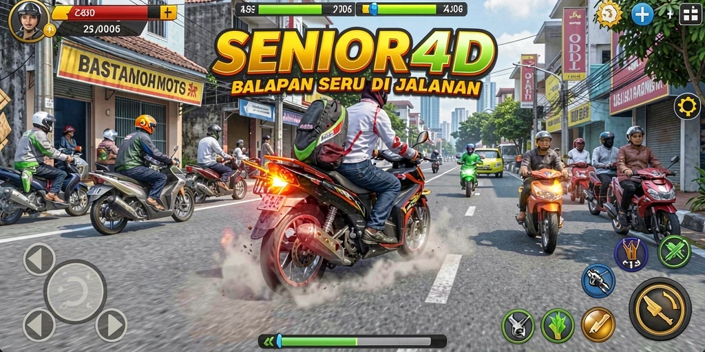 Tampilan gameplay balapan motor yang mendebarkan di SENIOR4D.