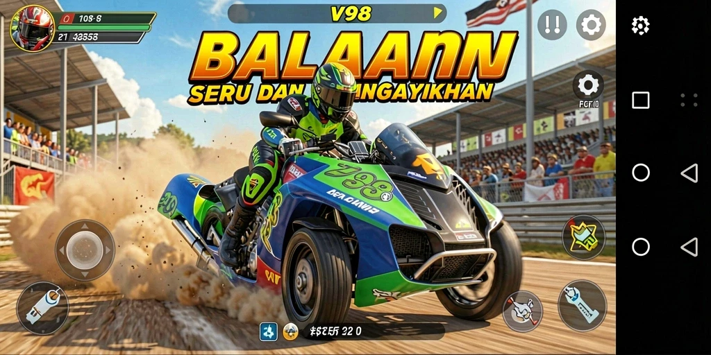 Gameplay V98 yang memukau dengan aksi balapan cepat.